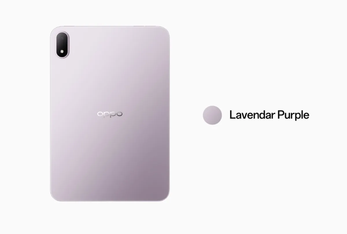 El Oppo Pad Mini en color púrpura lavanda visto de frente y de lado
