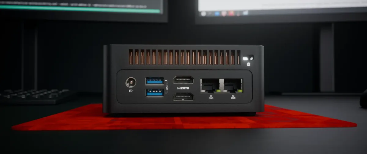 Parte trasera del TUXEDO Nano Pro Gen15 con alimentación, USB, HDMI y dos puertos Ethernet