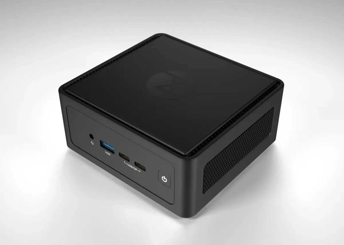 TUXEDO Nano Pro Gen15 en negro, con logo en la tapa y rejillas laterales