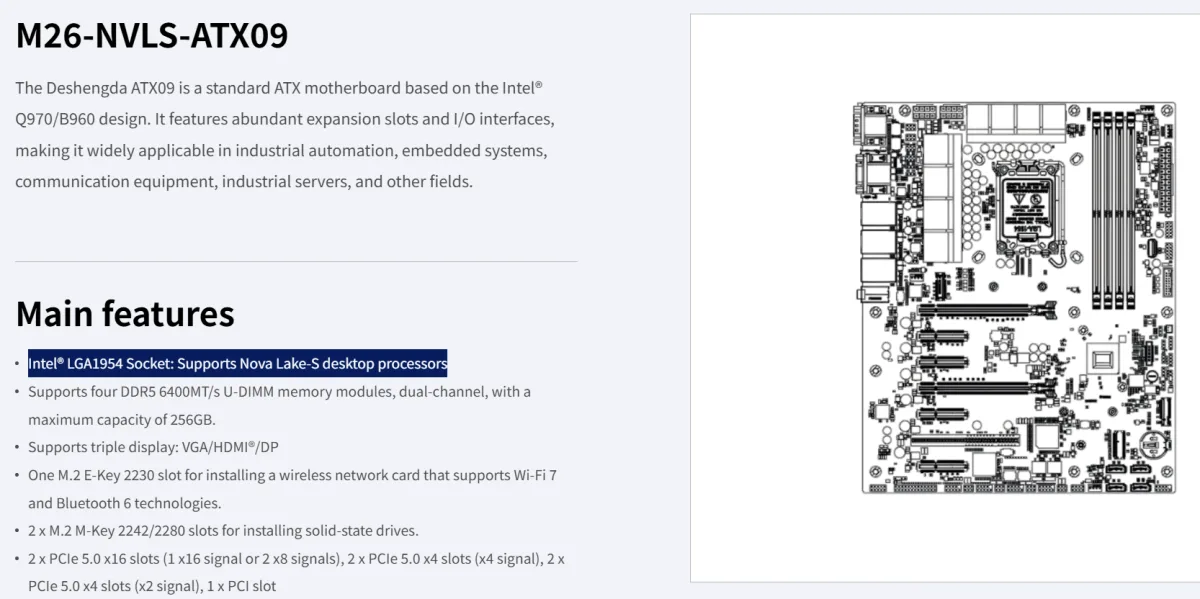 Esquema y especificaciones de la placa ATX industrial Decenta M26-NVLS-ATX09 para Nova Lake con ranuras PCIe 5.0