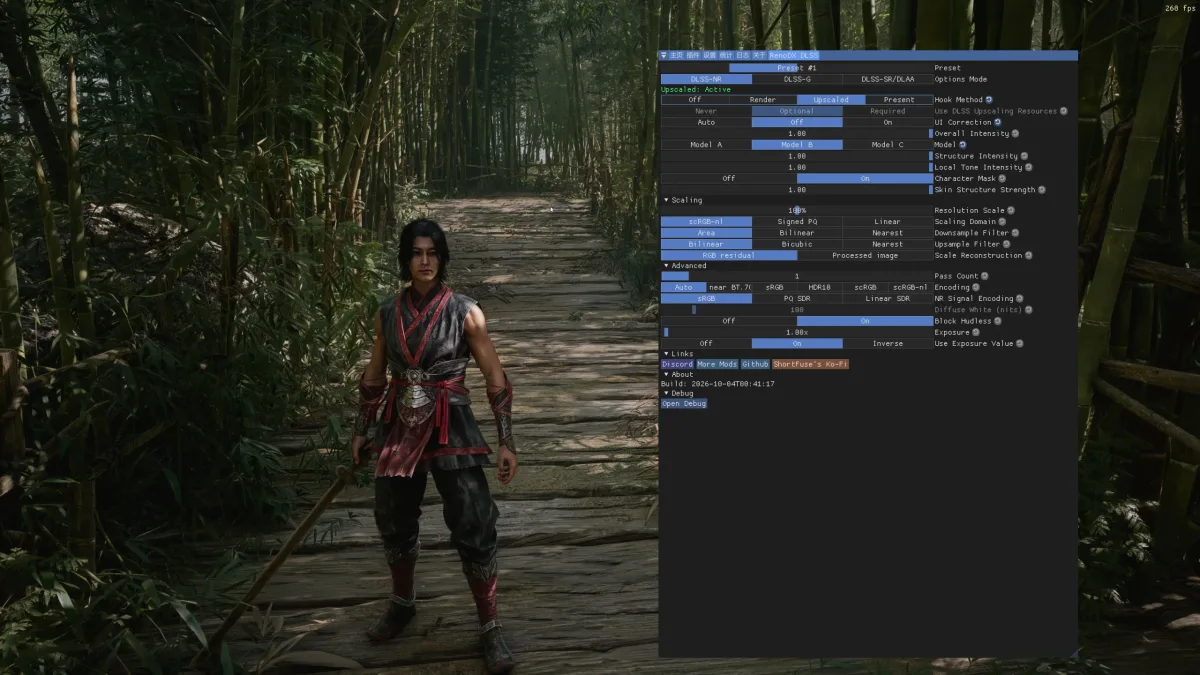 Personaje de Phantom Blade Zero en un sendero de bambú con el menú de RenoDX y DLSS activo a 268 fps