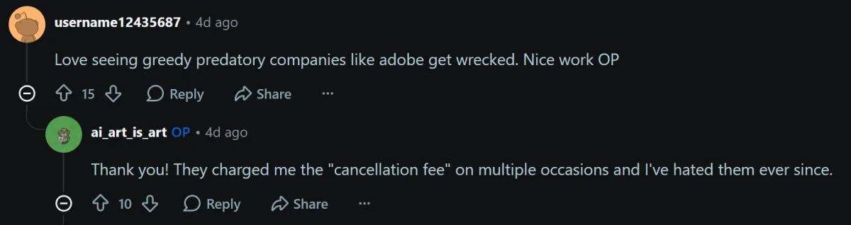 Comentario de Reddit sobre las tarifas de cancelación de Adobe