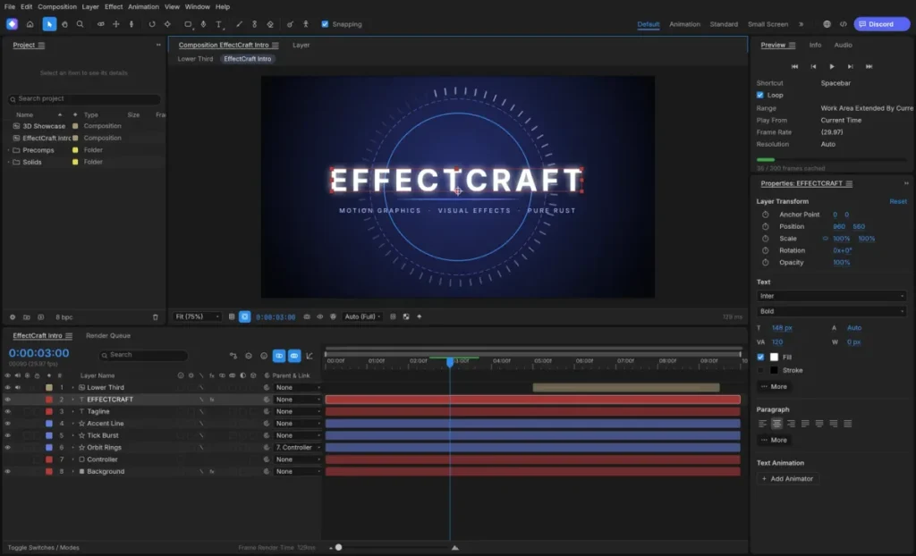Interfaz de EffectCraft con composición animada y línea de tiempo