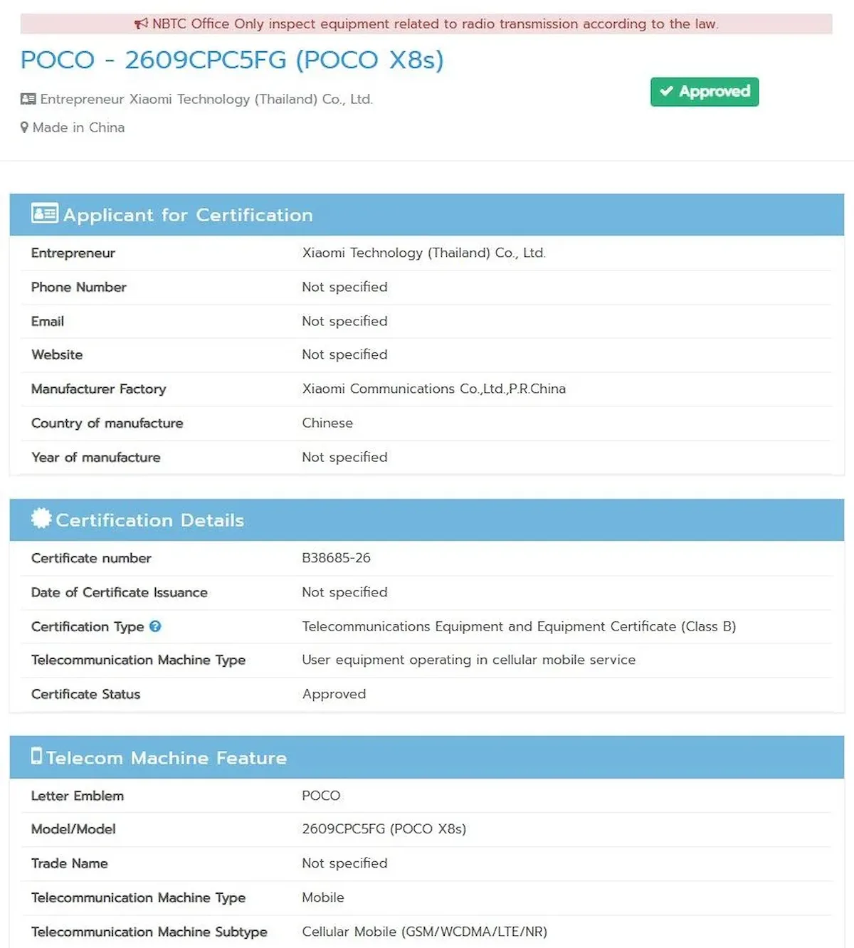 Poco X8s NBTC listing