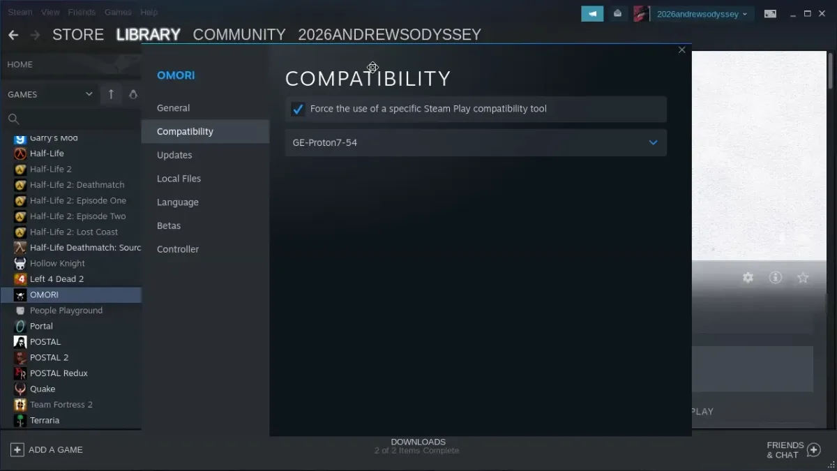 Configuración de compatibilidad de Steam para elegir Proton en juegos no Steam
