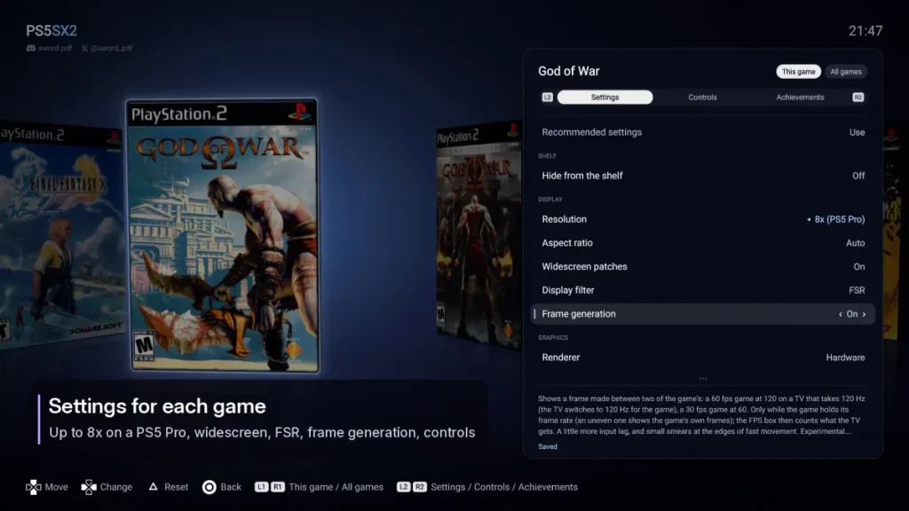 Menú de configuración de PS5SX2 con juego seleccionado
