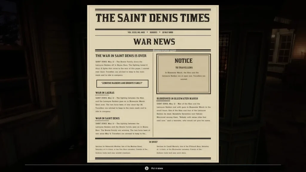 Página del periódico The Saint Denis Times de 1899 con titulares sobre los conflictos locales en Red Dead Redemption 2
