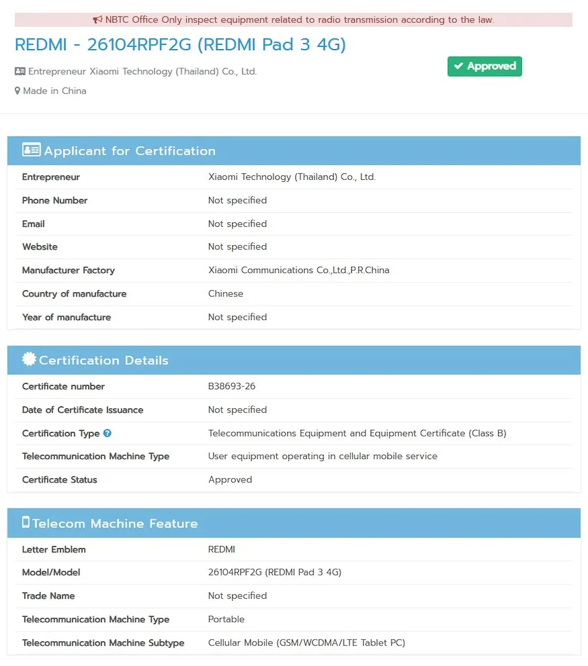 Tableta Redmi Pad 3 4G de Xiaomi, que ha pasado por las certificaciones NCC y NBTC