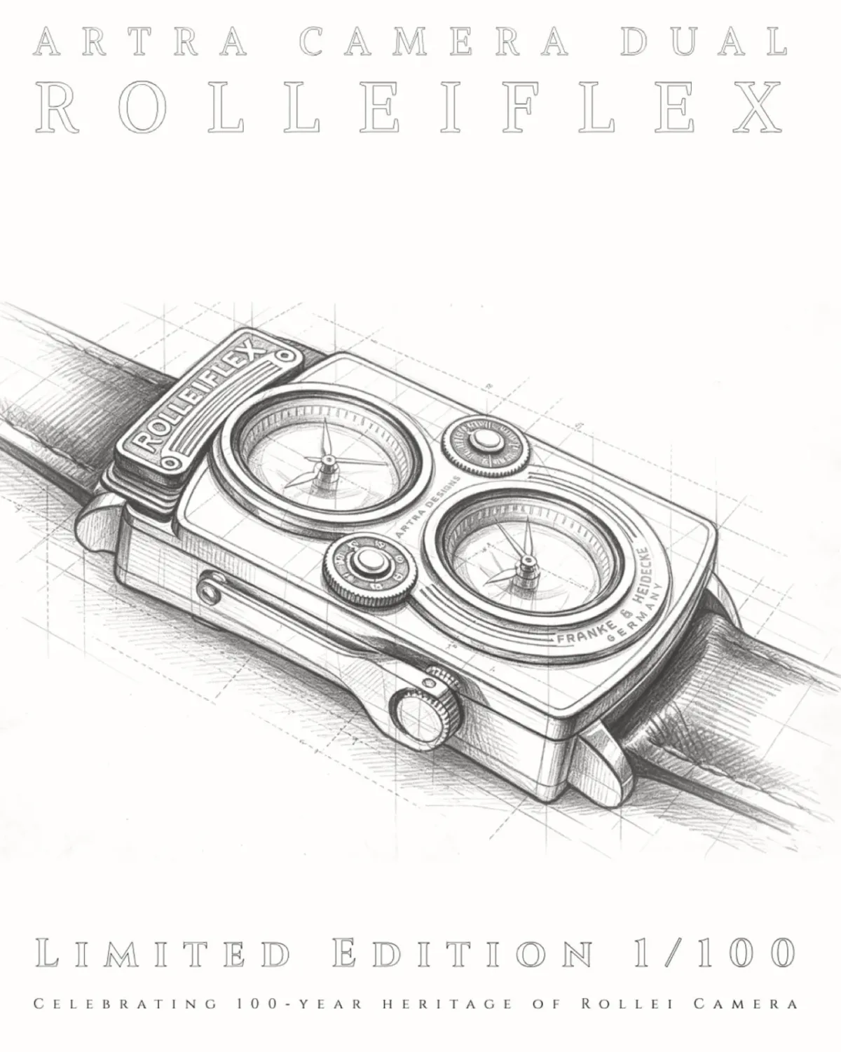 Detalle del reloj conmemorativo numerado basado en la cámara Rolleiflex por su centenario