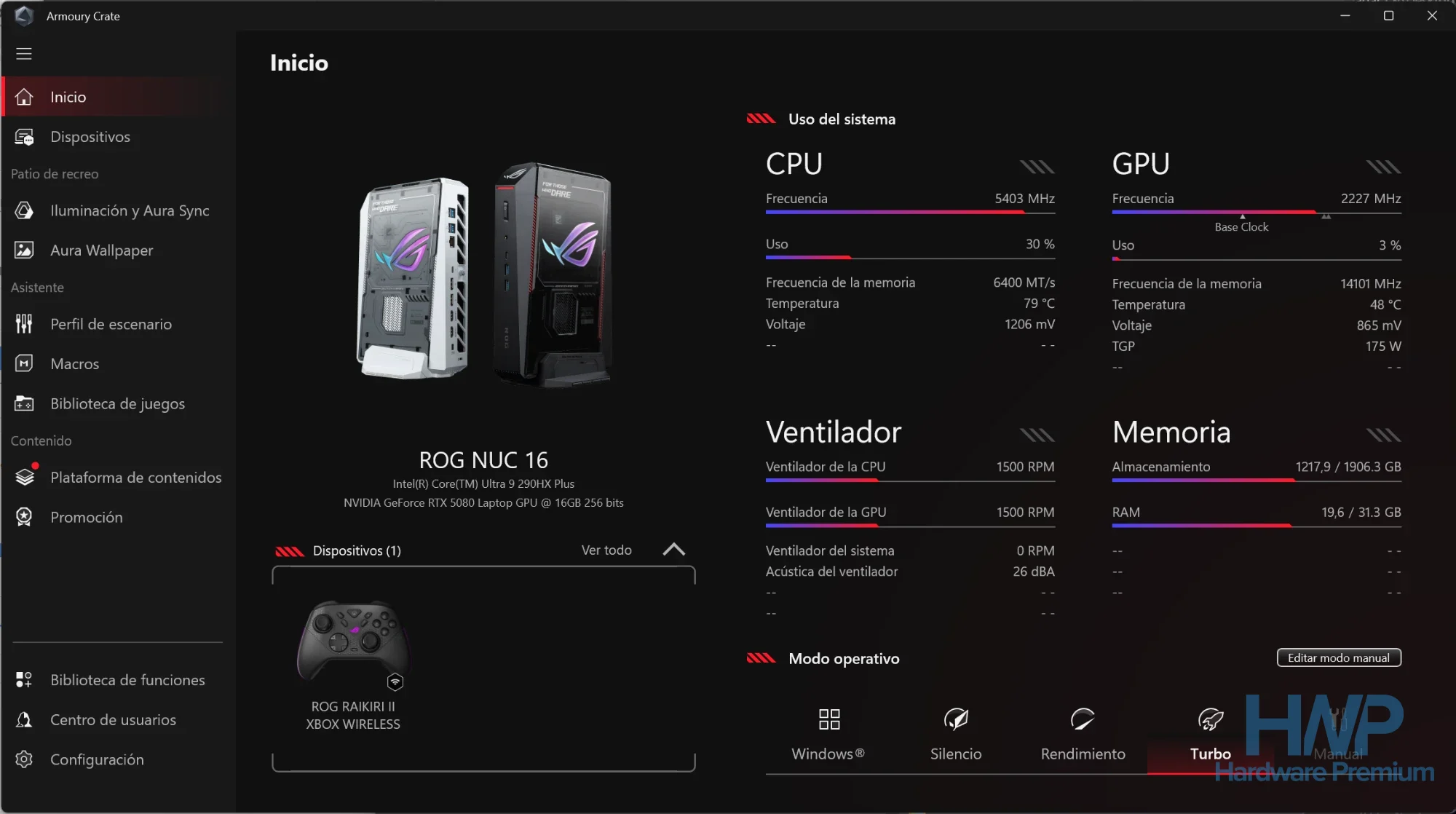 Armoury Crate en el ROG NUC 2026 con el modo Turbo activado y los datos de CPU, GPU y ventiladores