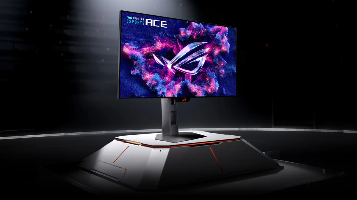Monitor ASUS ROG con colores vivos y el texto Made for Esports Ace sobre un pedestal futurista
