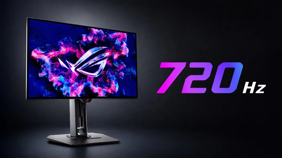 Monitor gaming ASUS ROG Strix OLED XG259QWPG con 720 Hz mostrado en grande sobre fondo oscuro