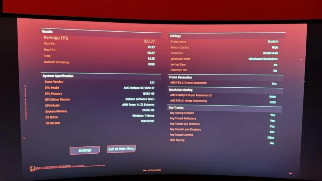 Resultados del benchmark de Cyberpunk 2077 en la ROG Xbox Ally X con media de 150,77 FPS