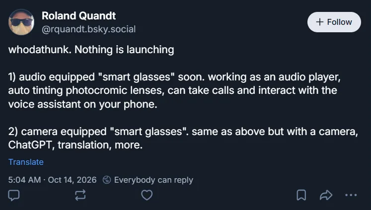 Gafas inteligentes de Nothing, un modelo con audio y otro con cámara, según Roland Quandt