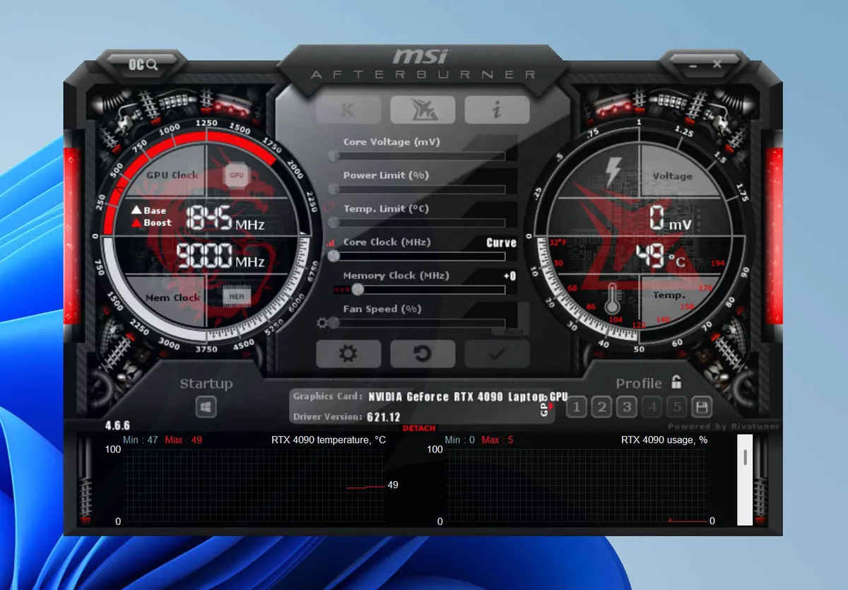 MSI Afterburner con la gráfica NVIDIA GeForce RTX 4090 Laptop a 49 °C, 1845 MHz de reloj