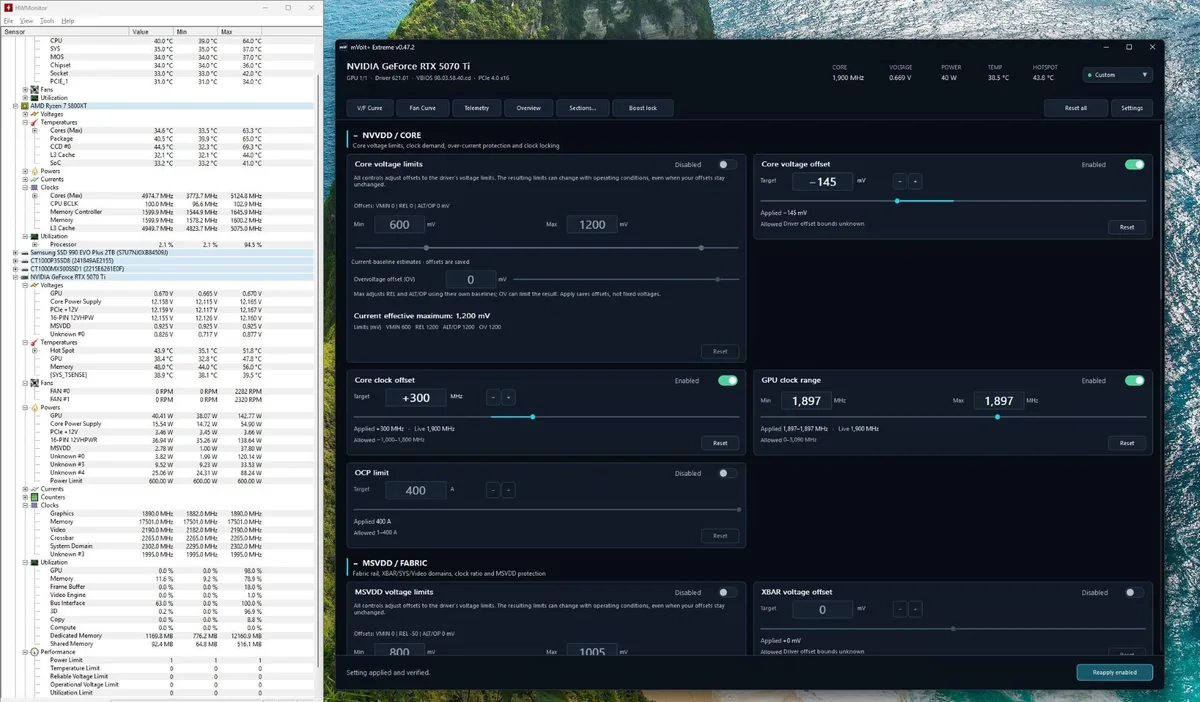 HWMonitor y mVolt+ muestran la RTX 5070 Ti funcionando a 0,669 V y 40 W