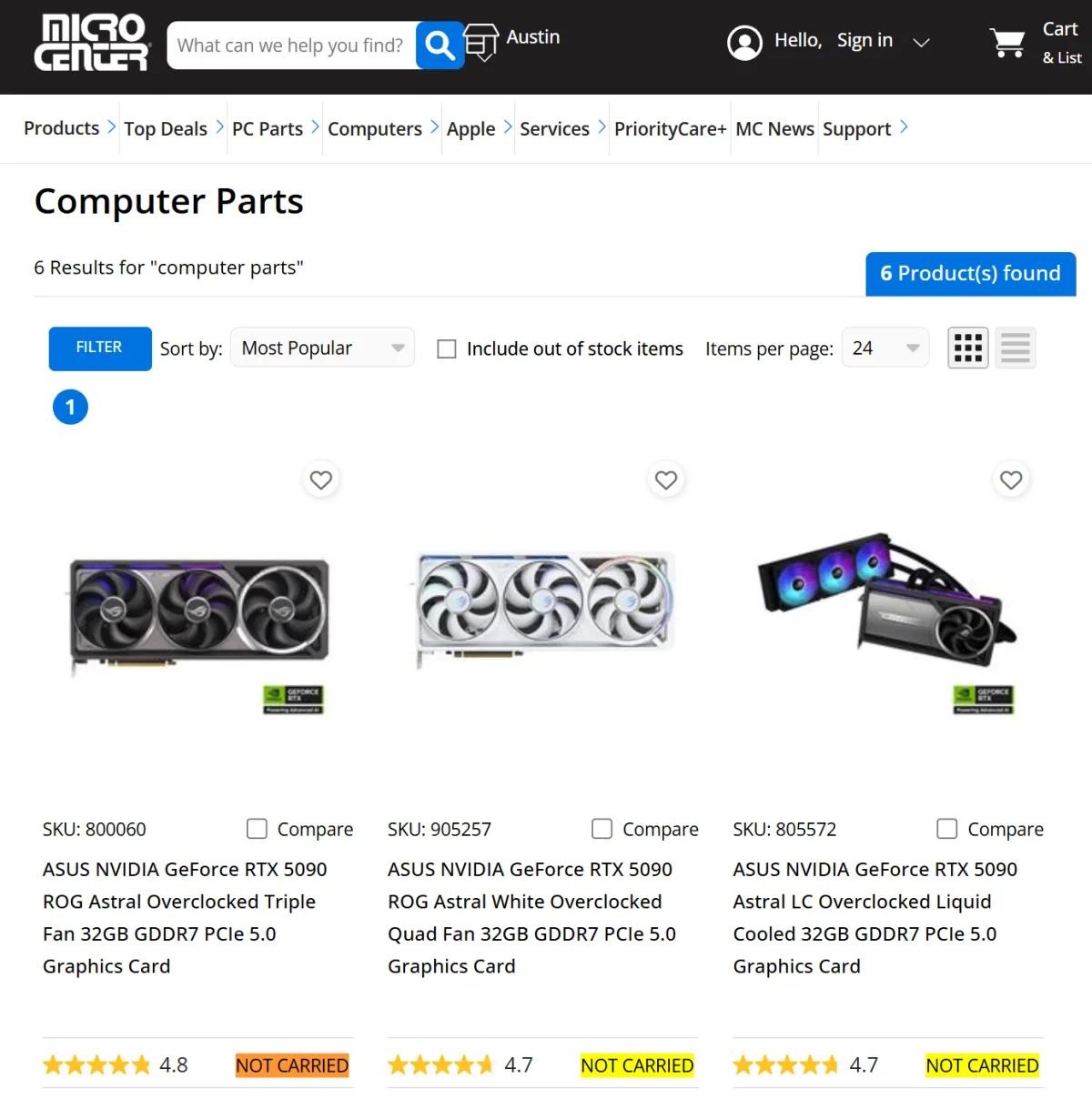 Micro Center muestra las GeForce RTX 5090 como «Not Carried», reflejando el stock agotado de la RTX 5090