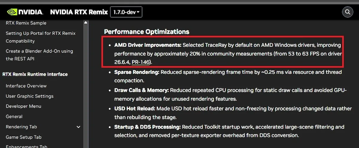Interfaz de NVIDIA RTX Remix con optimizaciones de rendimiento y mejoras para controladores AMD que aumentan un 20 % el rendimiento