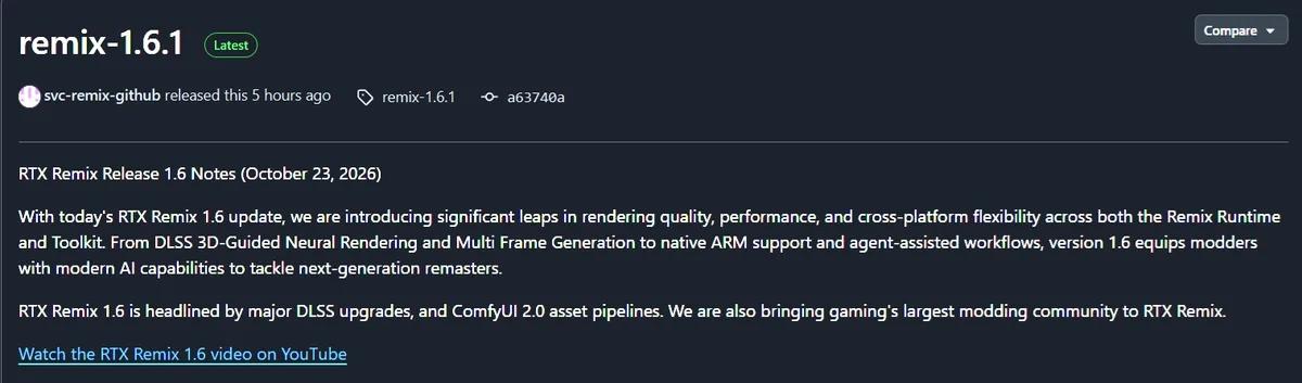 Página de lanzamiento en GitHub de RTX Remix 1.6 con mejoras de DLSS y flujos de activos con ComfyUI 2.0