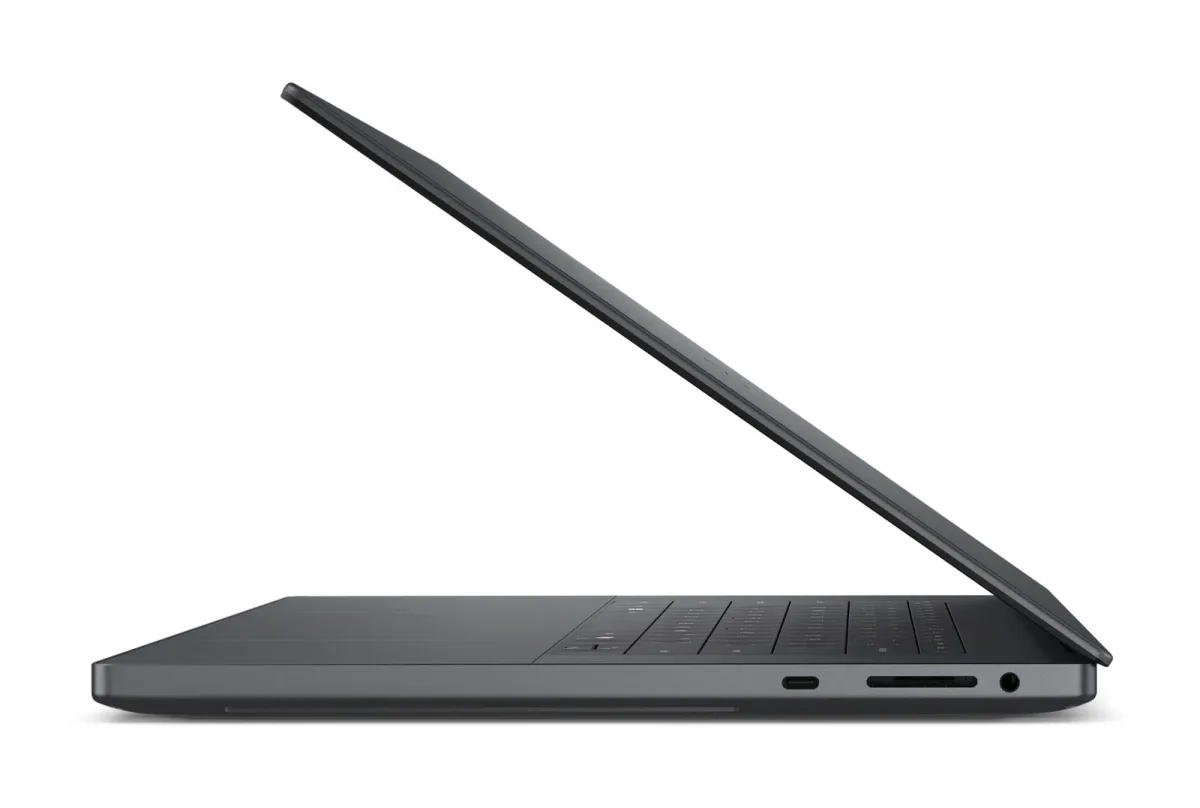 Dell XPS 16 Creator Edition side profile with the lid partly open, showing the 17.8mm chassis