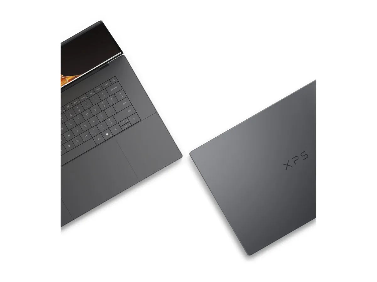 Dell XPS 16 Creator Edition keyboard deck and the XPS lid logo, shown as two separate views