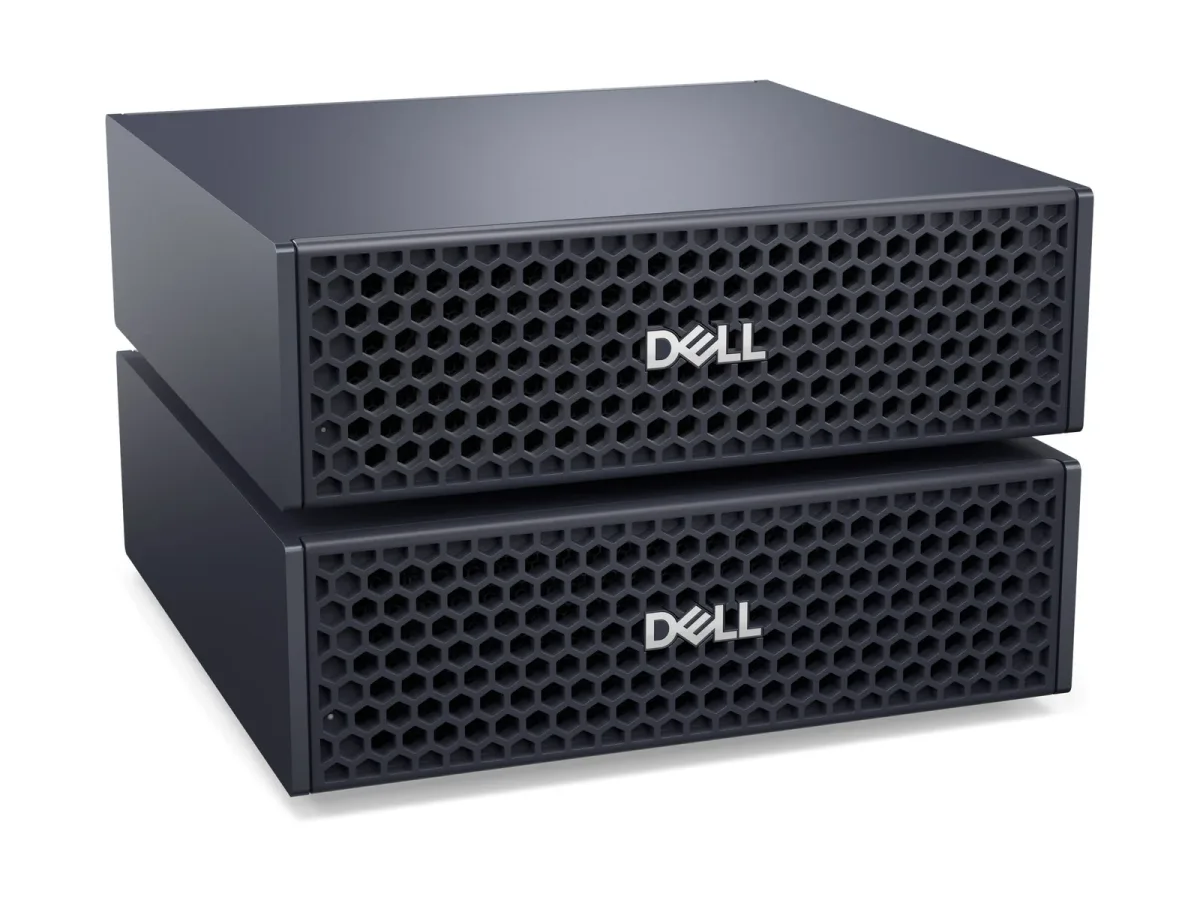 Two Dell Creator Edition Desktop units stacked, with the hexagonal front grille and Dell logo on each