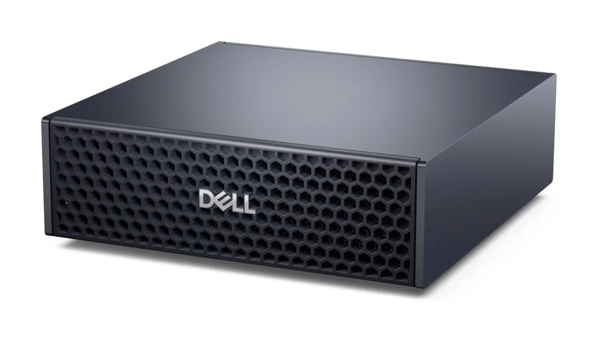 Dell Creator Edition Desktop from the front at an angle, showing the low, wide chassis and hexagonal grille