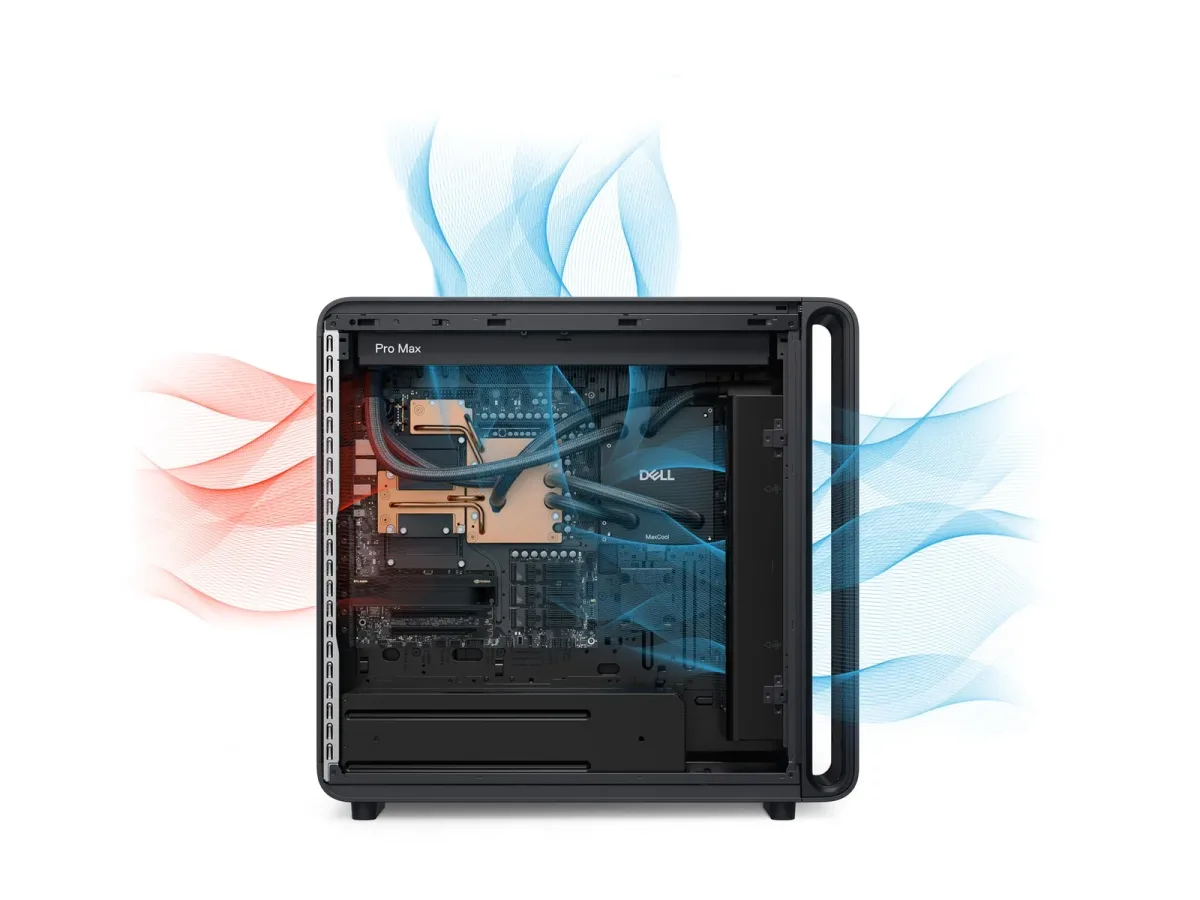 Dell Pro Precision with GB300 airflow render showing cool air drawn in and warm air exhausted through the side panel