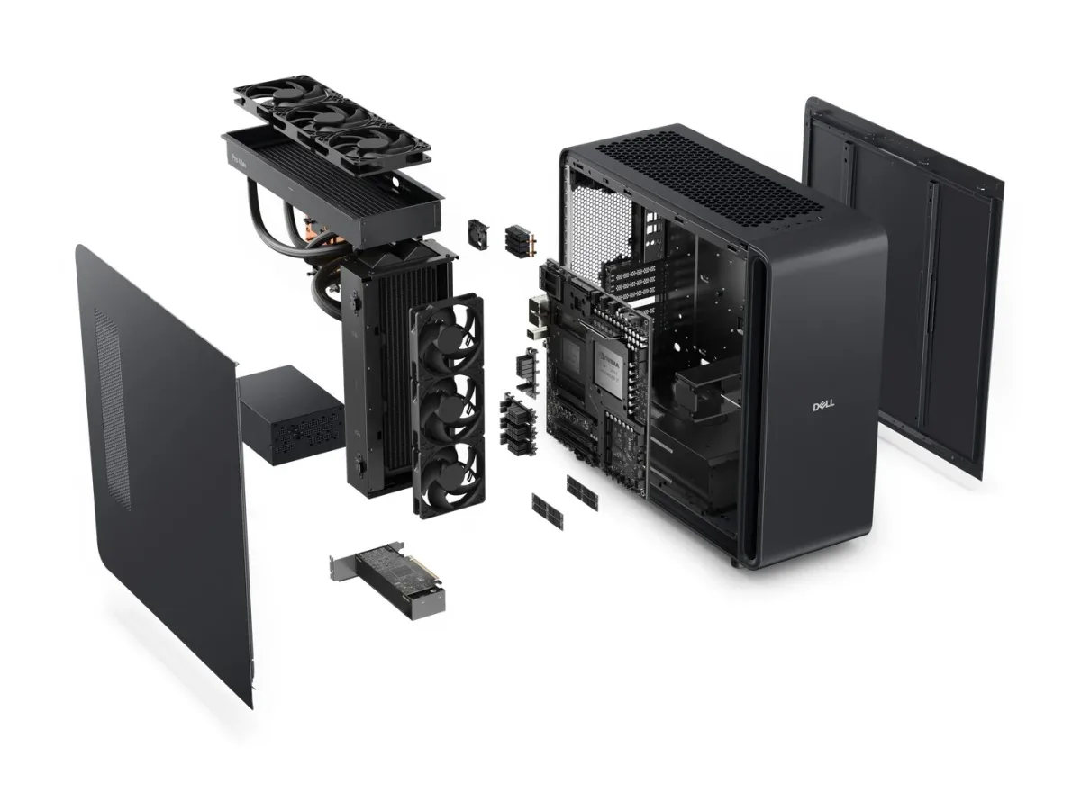 Exploded view of the Dell Pro Precision with GB300 showing the MaxCool liquid cooling loop, side panels, and internal components
