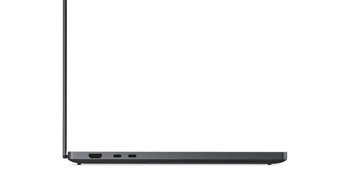 Left side of the Dell XPS 16 Creator Edition with the display open, showing HDMI 2.1b and two USB4 Type-C ports