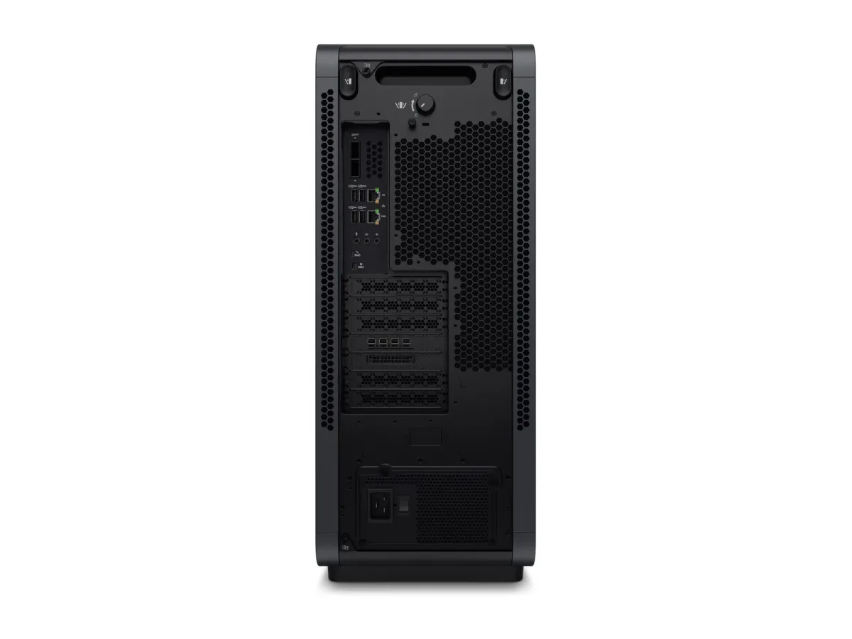 Rear panel of the Dell Pro Precision with GB300 showing the QSFP112 cage, USB and RJ-45 ports, expansion slots, and C19 power inlet