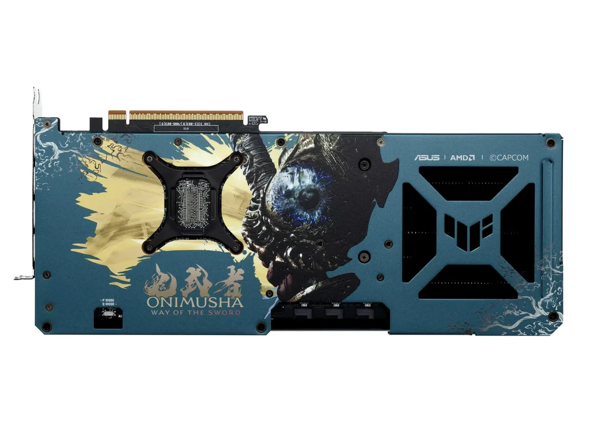 Vista de la tarjeta gráfica ASUS TUF Gaming Radeon con diseño especial Onimusha