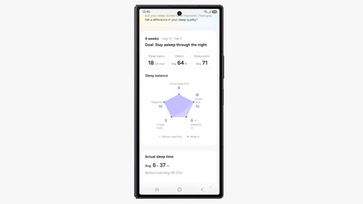Gráfico de equilibrio del sueño en la app Samsung Health tras la actualización