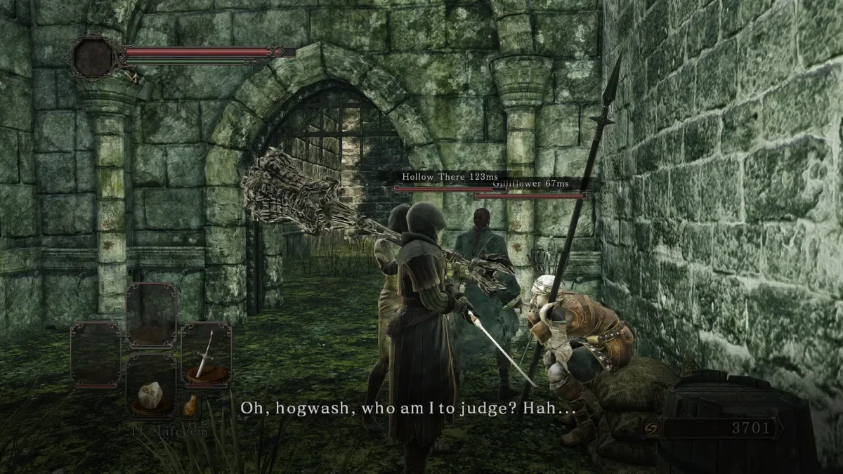 Captura de Dark Souls 2 con el mod Seamless Co-op: tres personajes reunidos junto a Pate