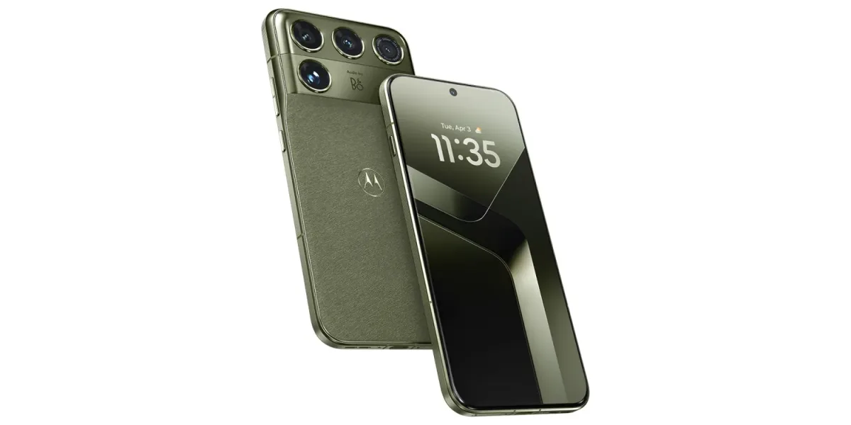 Motorola Signature 27 en verde, con cuatro cámaras traseras y la pantalla frontal encendida