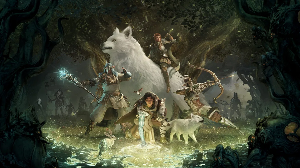Aventureros de Soulframe Preludes con un gran lobo blanco y conejos en un bosque