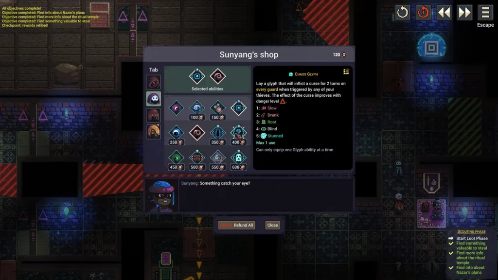 Pantalla de habilidades y equipo de Spirited Thief en Steam, con la planificación táctica del fantasma ladrón