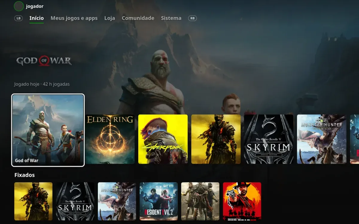 Pantalla de inicio de la Steam Deck con estética Xbox, God of War seleccionado y juegos fijados