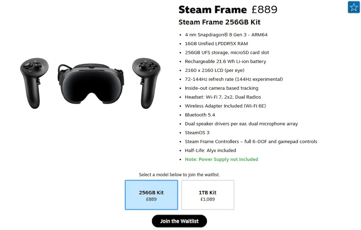 Página de reserva del visor Steam Frame con precio, especificaciones y plazos de espera hasta 2027