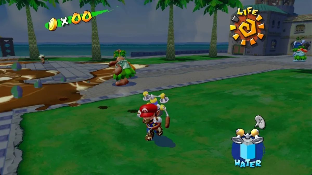 Super Mario Sunshine PC — Mario stands on a grassy area in Super Mario Sunshine, with palm trees, a beachside path, and the game's coin, health, and water gauges visible.