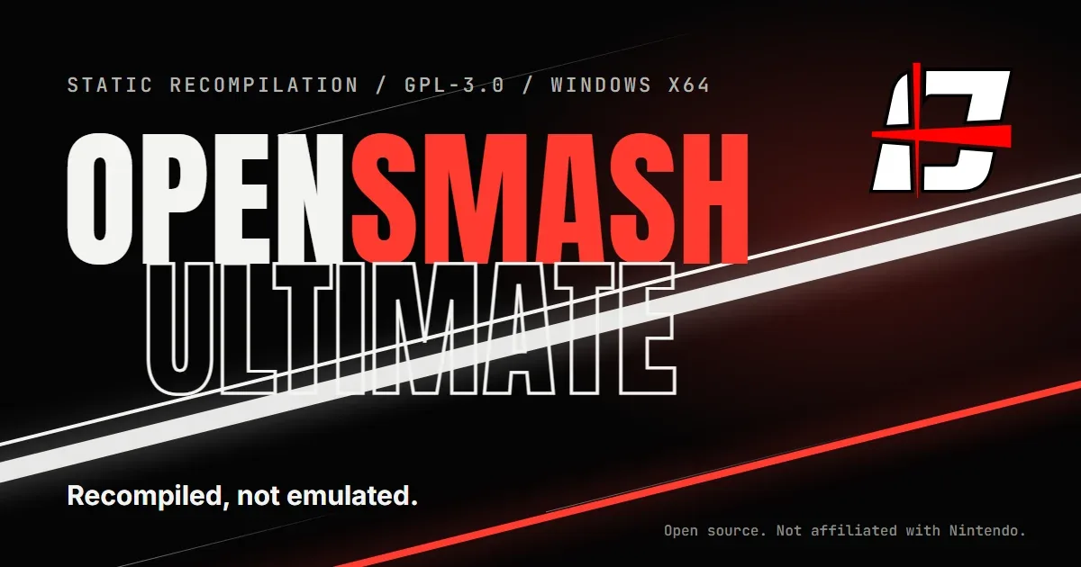 Gráfico de OpenSmash Ultimate con el logo de Smash Bros. y el texto Recompilación estática, Windows x64 y Recompilado, no emulado para Super Smash Bro