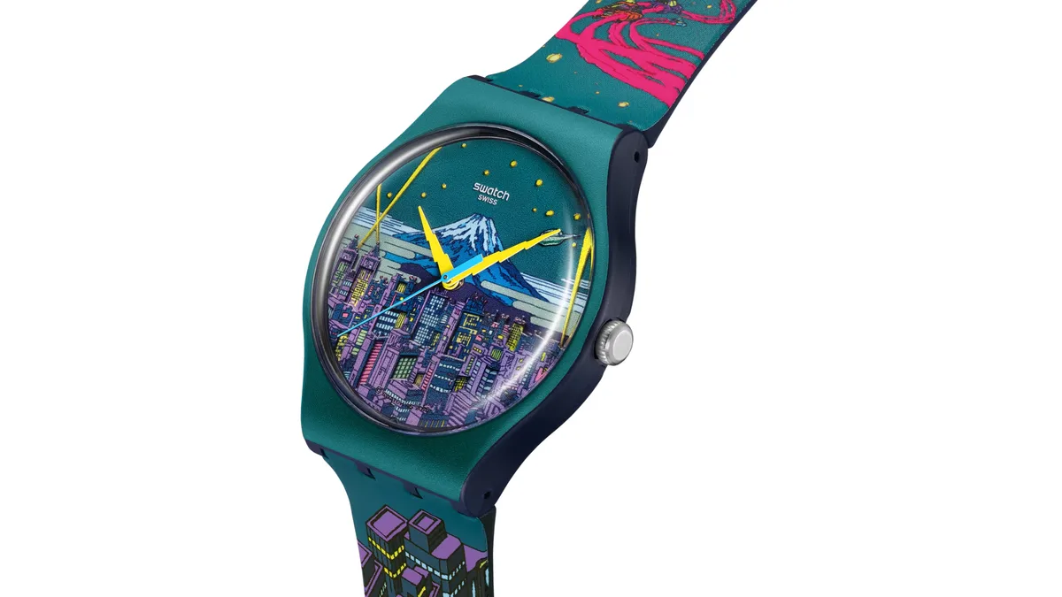 Reloj Swatch Destination Art Expressway to the Future con paisaje urbano de Tokio y manecillas en forma de rayo