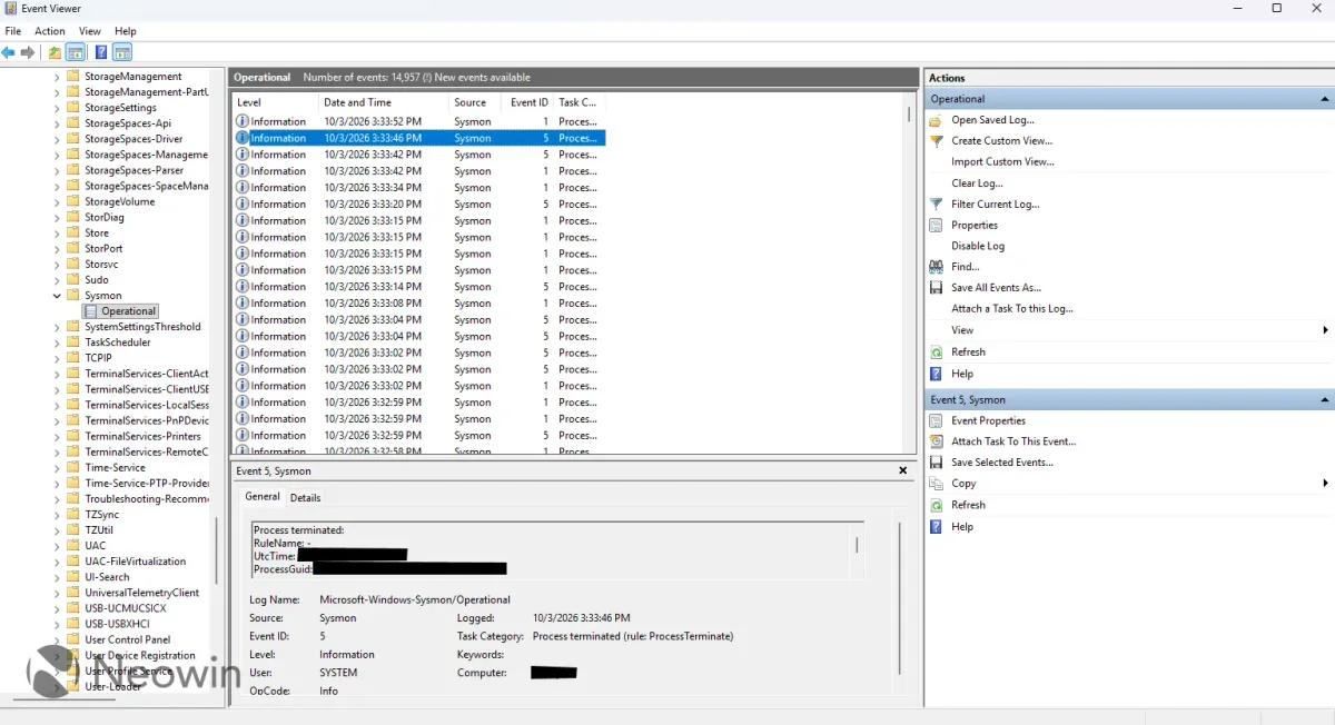 sysmon windows 11 — Windows Event Viewer showing Sysmon operational logs with Event ID 5 selected to display process ter