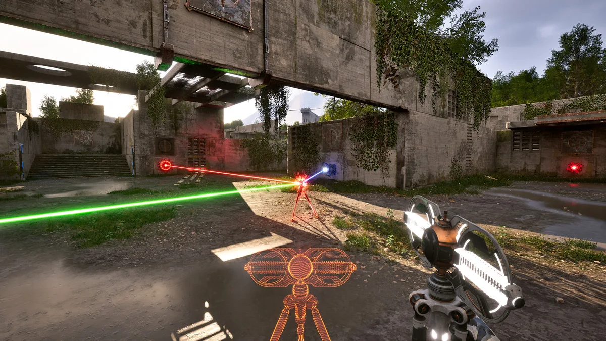 Puzle de rayos láser de colores entre ruinas de hormigón en The Talos Principle 2