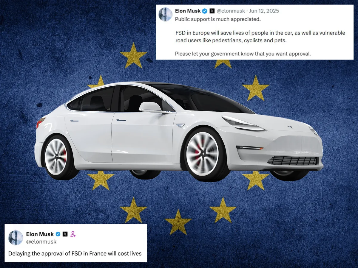 Un Tesla con la bandera de la UE y comentarios de X de fondo, en el caso de Tesla y la RDW
