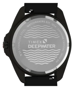Close-up of the Timex Deepwater Arctic 200 caseback, featuring the Deepwater logo and wave motif.