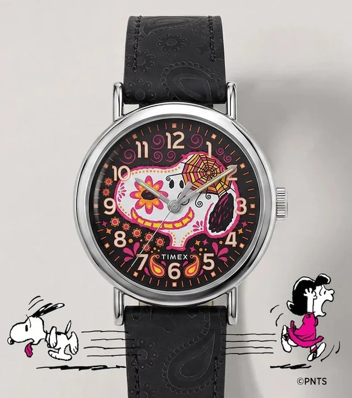 Reloj Timex Snoopy Weekender de Peanuts edición Día de Muertos con esfera que brilla en la oscuridad