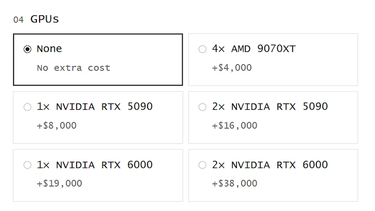 Estación de trabajo de IA Tinybox de Tiny Corp con cuatro GPU Radeon RX 9070 XT