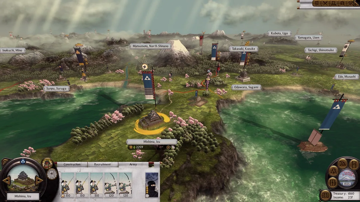 Mapa de campaña de Total War Shogun 2 con la región de Mishima, Izu, ejércitos y recursos
