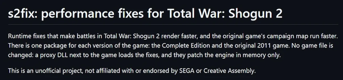 Página web del mod s2fix con correcciones de rendimiento para Total War Shogun 2